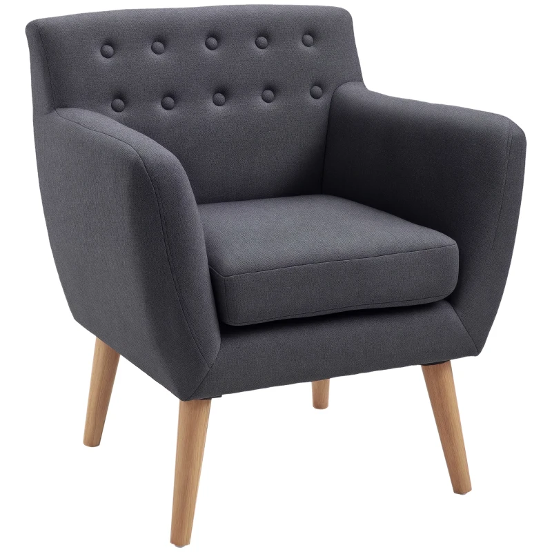 HOMCOM Linen Upholstery Armchair, Mid-Century Modern Accent Chair with Wood Frame and Thick Padding, Dark Grey