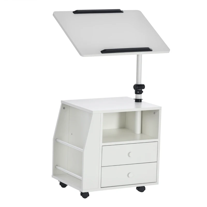 HOMCOM Modern End/Side Table for Living Room with a 360° Adjustable Height Tabletop & Storage Drawers, White