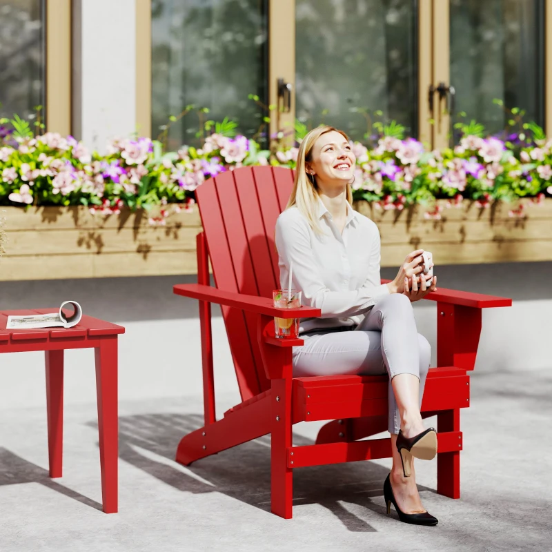 Outsunny Wooden Adirondack Chair with Cup Holder, Red
