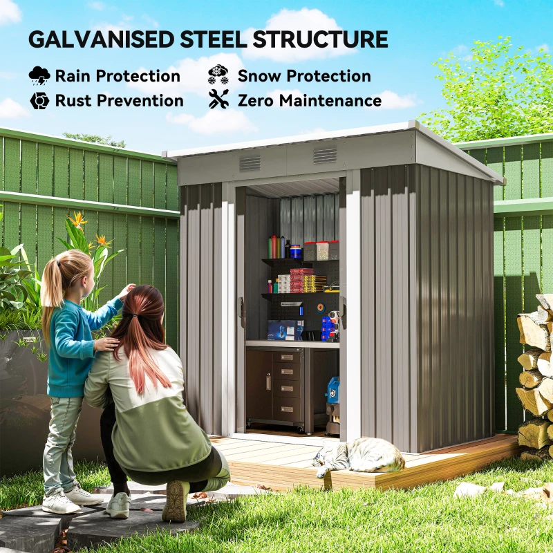 Outsunny 6' x 4' Outdoor Storage Shed, Metal Garden Tool Storage House Organizer with Lockable Sliding Doors and Vents for Backyard Patio Lawn, Light Grey