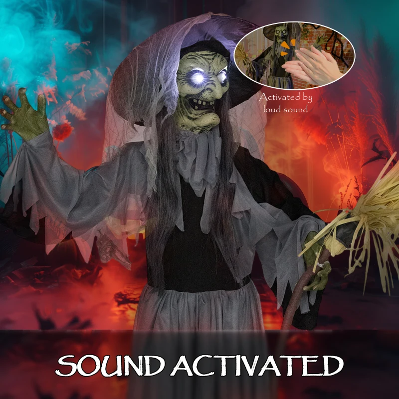 Outsunny Animatronics Standing Witch, Voice-Activated Prop, Spinning Head & Flashing Eyes, Easy Setup Indoor, Black