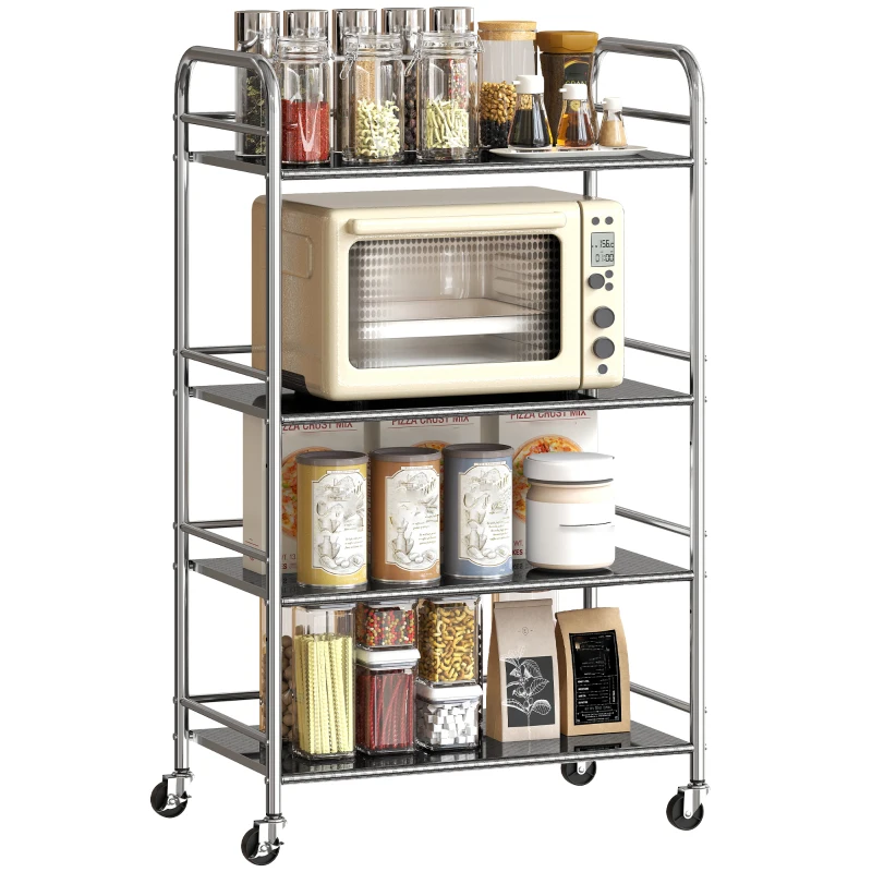 HOMCOM 4 Tier Stainless Steel Rolling Cart with Adjustable Shelves, Utility Cart on Wheels with Handles for Kitchen, Silver