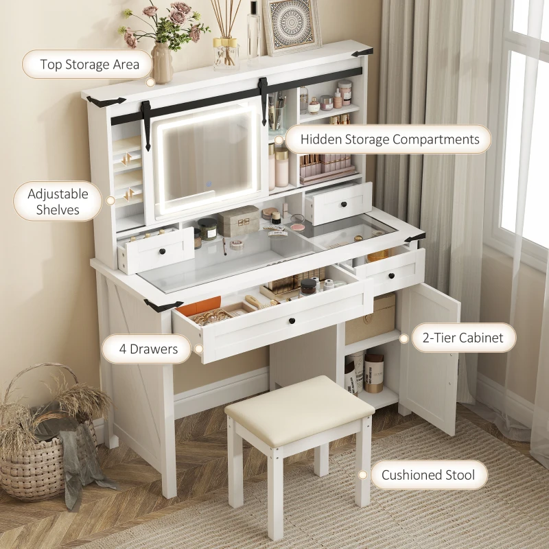 HOMCOM Vanity Desk Set with Mirror and Lights, Cushioned Stool, Storage Drawer, Cabinet, Shelves for Bedroom, White