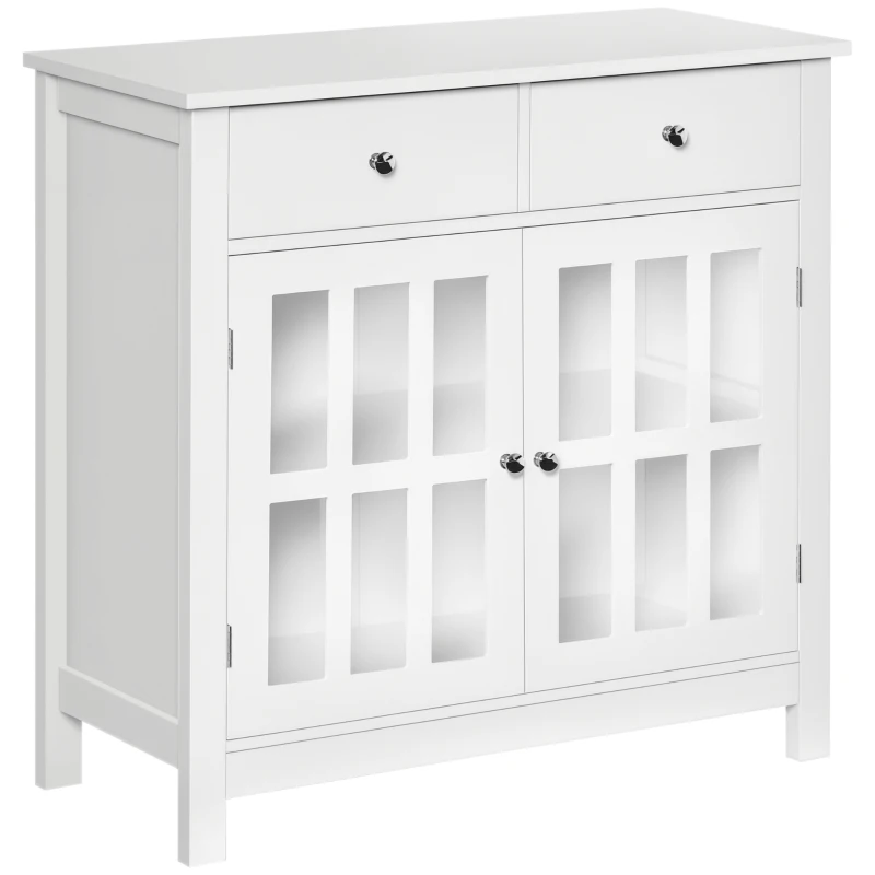 HOMCOM Sideboard Buffet Cabinet, Storage Cupboard with Glass Doors, Adjustable Shelf and 2 Drawers for Kitchen, White
