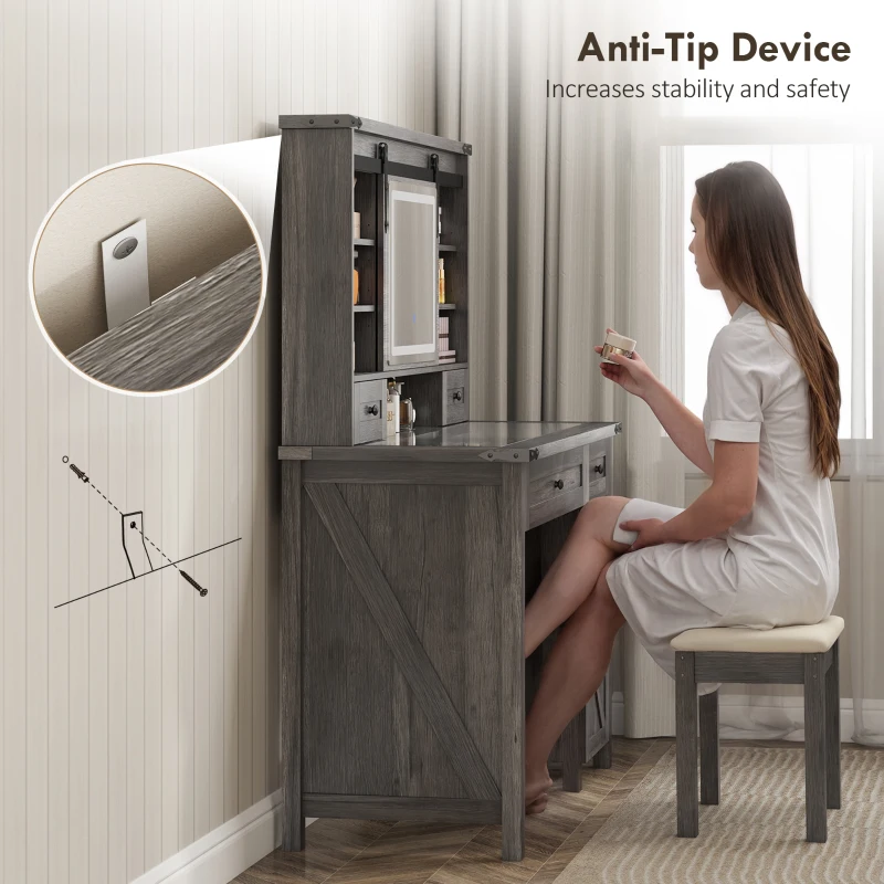 HOMCOM Vanity Desk Set with Mirror and Lights, Cushioned Stool, Storage Drawer, Cabinet, Shelves for Bedroom, Gray