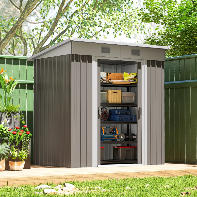 Outsunny 6' x 4' Outdoor Storage Shed, Metal Garden Tool Storage House Organizer with Lockable Sliding Doors and Vents for Backyard Patio Lawn, Light Grey