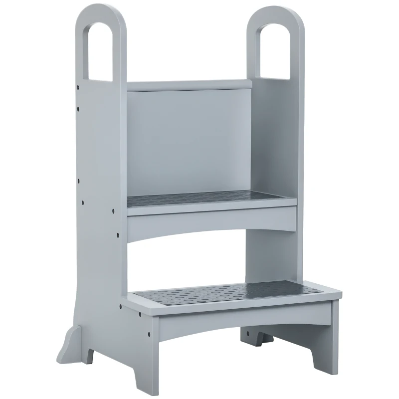 Qaba Toddler Tower Kitchen Helper for Children with 2 Non-Slip Steps and Support Handles - Grey