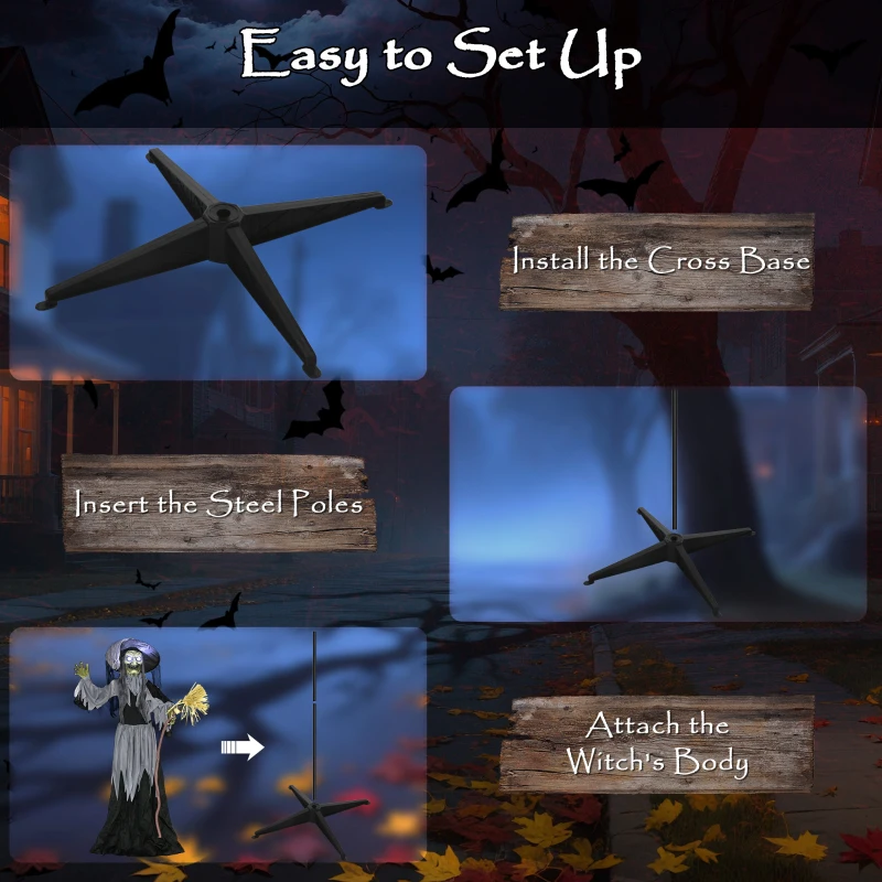 Outsunny Animatronics Standing Witch, Voice-Activated Prop, Spinning Head & Flashing Eyes, Easy Setup Indoor, Black