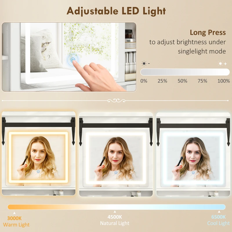 HOMCOM Vanity Desk Set with Mirror and Lights, Cushioned Stool, Storage Drawer, Cabinet, Shelves for Bedroom, White