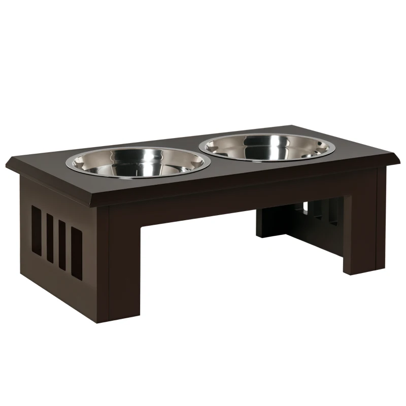 PawHut 10" Height Dog Feeding Station for Messy Pets, Stainless Steel Elevated Dog Bowls with Modern Wooden Frame, Dog Food Stand Pet Feeding Station, Dark Brown