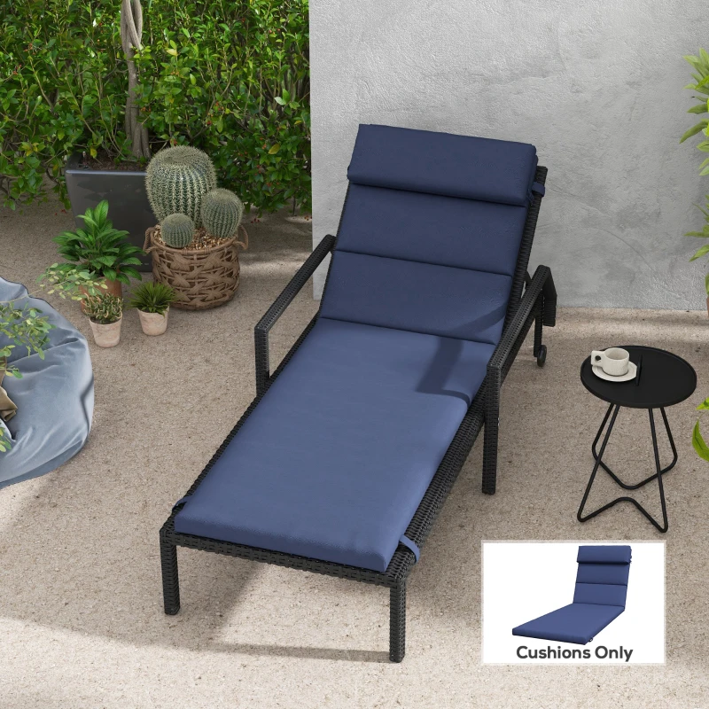 Outsunny Patio Chaise Lounge Chair Cushion Replacement Sun Lounger Pads with Headrest and Ties, Dark Blue