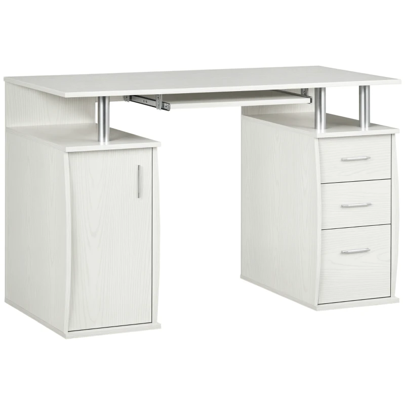 HOMCOM 47" Computer Desk with Keyboard Tray and Storage Drawers, Home Office Workstation Table with Storage Shelves, White Wood Grain