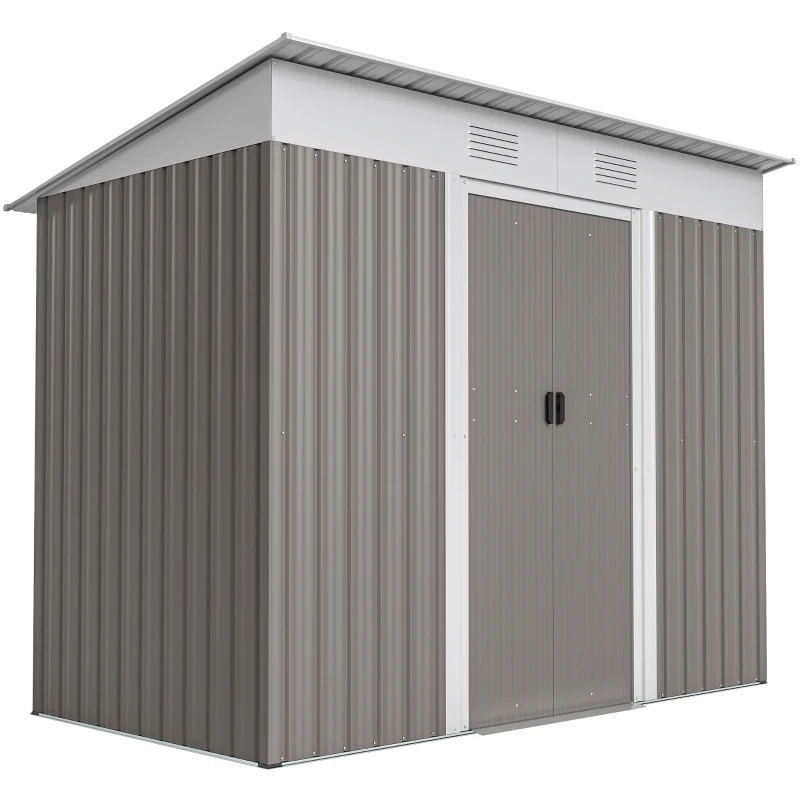 Outsunny 7' x 4' Outdoor Storage Shed, Metal Garden Tool Storage House Organizer with Lockable Sliding Doors and Vents for Backyard Patio Lawn, Light Grey