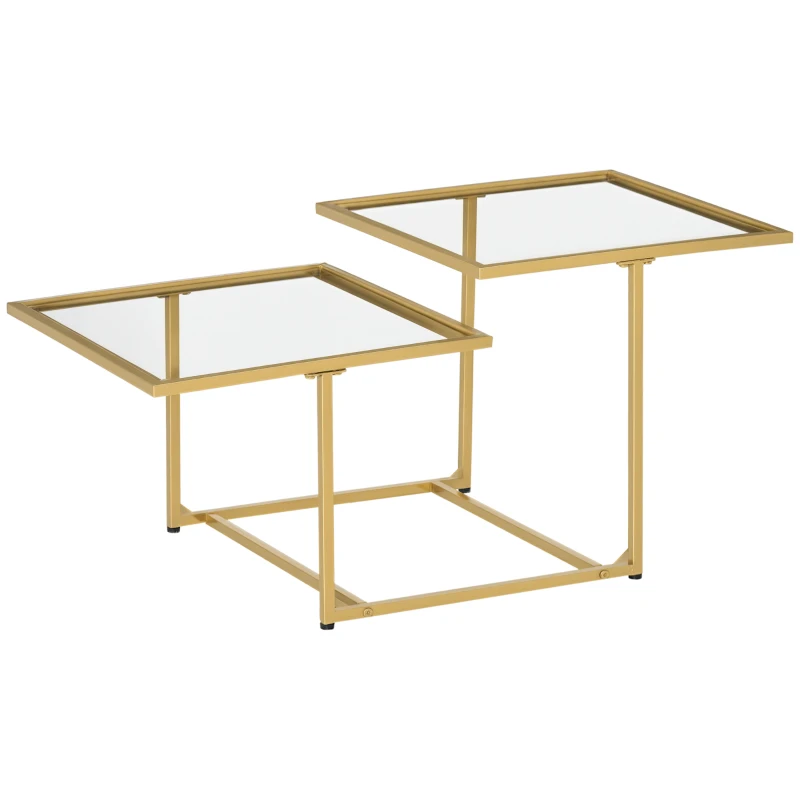 HOMCOM Coffee Table, Tempered Glass Coffee Table with 2 Square Tabletops, Modern Coffee Tables for Living Room, Bedroom, Gold