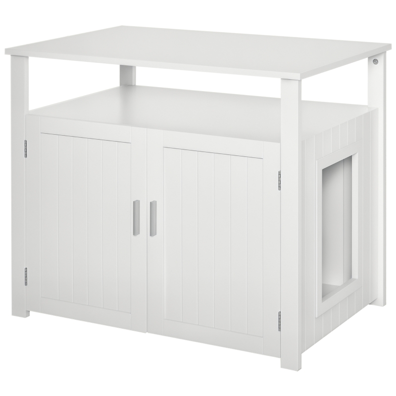 PawHut Wooden Cat Litter Box Enclosure Furniture with Adjustable Partition, Cat Washroom End Table with Open Shelf, White