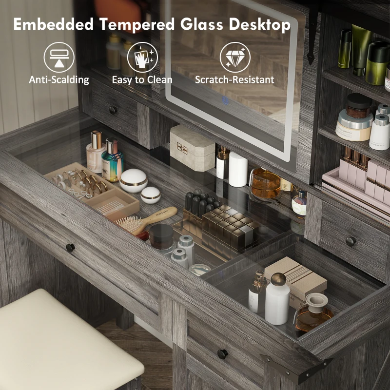 HOMCOM Vanity Desk Set with Mirror and Lights, Cushioned Stool, Storage Drawer, Cabinet, Shelves for Bedroom, Gray