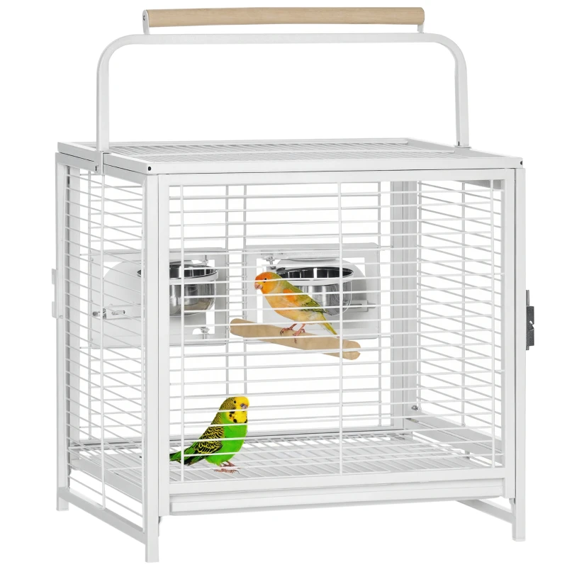 PawHut 18" Heavy Duty Wrought Iron Travel Bird Cage Carrier With Handle Perch And Accessories - White