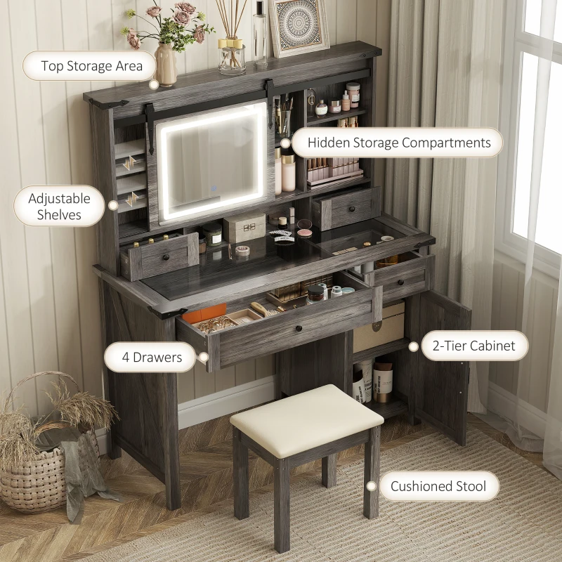 HOMCOM Vanity Desk Set with Mirror and Lights, Cushioned Stool, Storage Drawer, Cabinet, Shelves for Bedroom, Gray