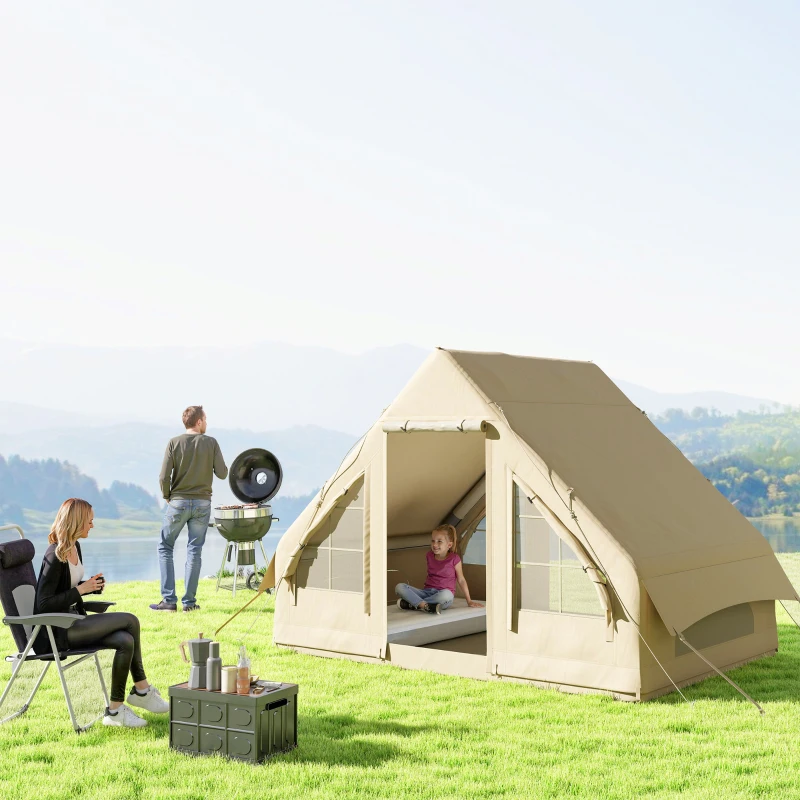 Outsunny Inflatable Camping Tent with Hand Pump, 4 Season Blow Up Tent, Waterproof and Windproof with Mesh Windows and Doors