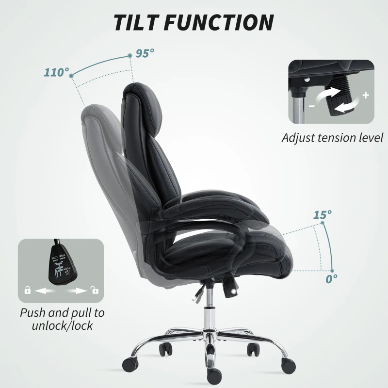 HOMCOM Office Chair with Spring Padding, PU Leather Computer Chair with Quiet Swivel Wheels, High Back, Black