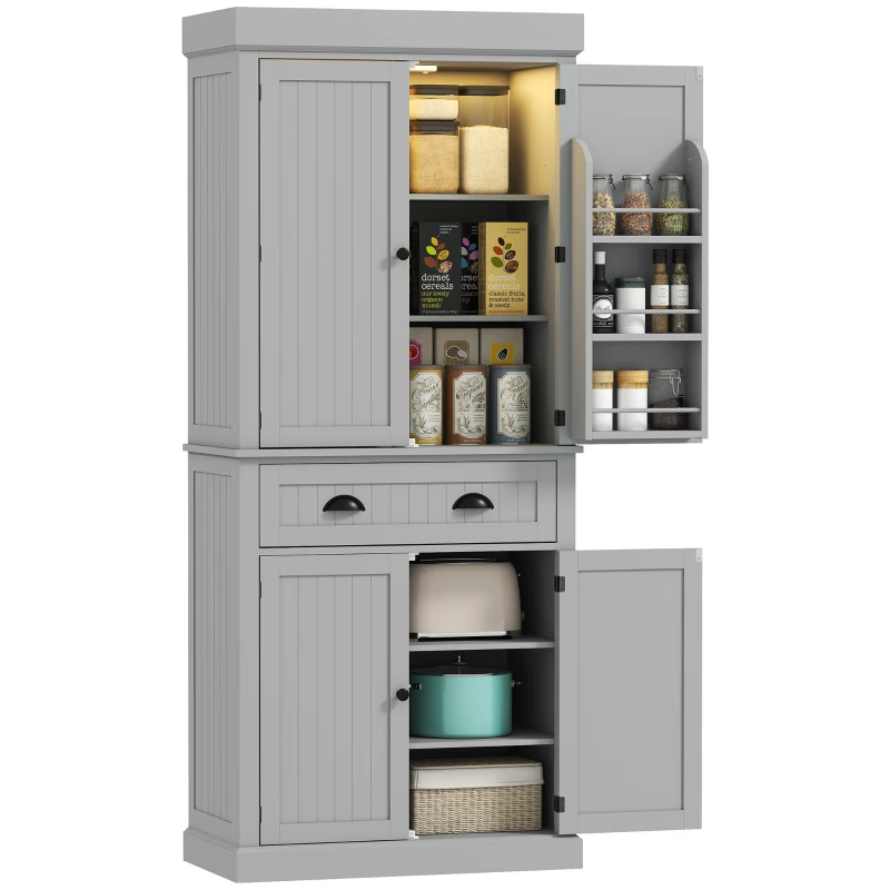 HOMCOM 71" Kitchen Pantry Cabinet with LED Lights, 6 Spice Racks, a Drawer and 4 Adjustable Shelves, Grey