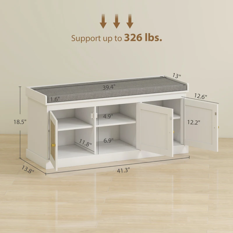 HOMCOM Shoe Storage Bench with Woven Rattan Doors, Shoe Bench with Cushion, Adjustable Shelves, Entryway Bench, White