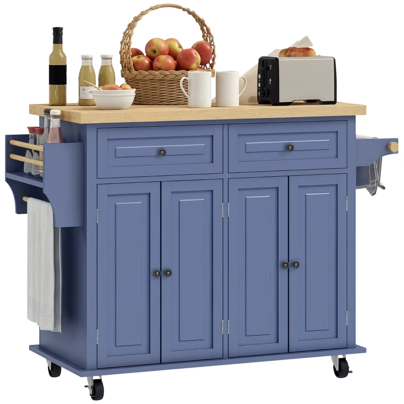 HOMCOM Kitchen Island on Wheels, Rolling Cart with Rubberwood Top, Spice Rack, Towel Rack and Drawers, Navy Blue