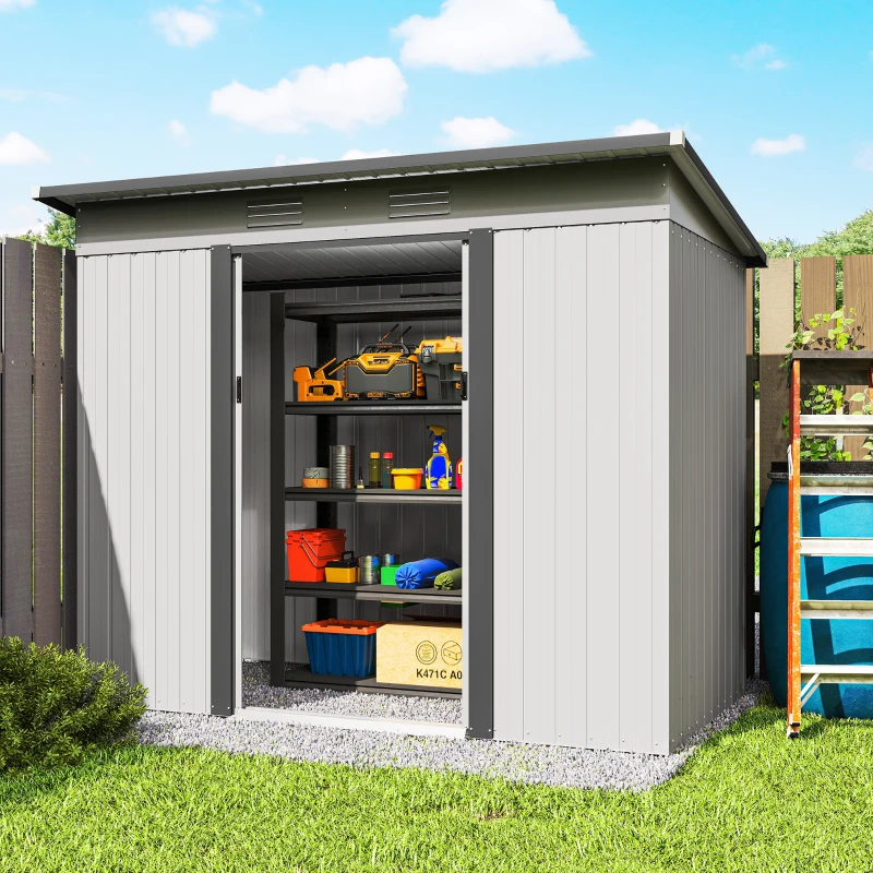 Outsunny 8' x 4' Metal Garden Shed, Backyard Tool Storage Shed with Dual Locking Doors, 2 Air Vents and Steel Frame, White