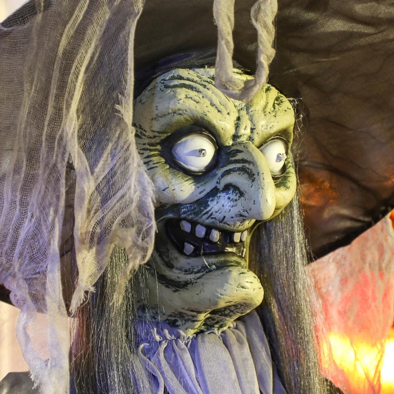 Outsunny Animatronics Standing Witch, Voice-Activated Prop, Spinning Head & Flashing Eyes, Easy Setup Indoor, Black