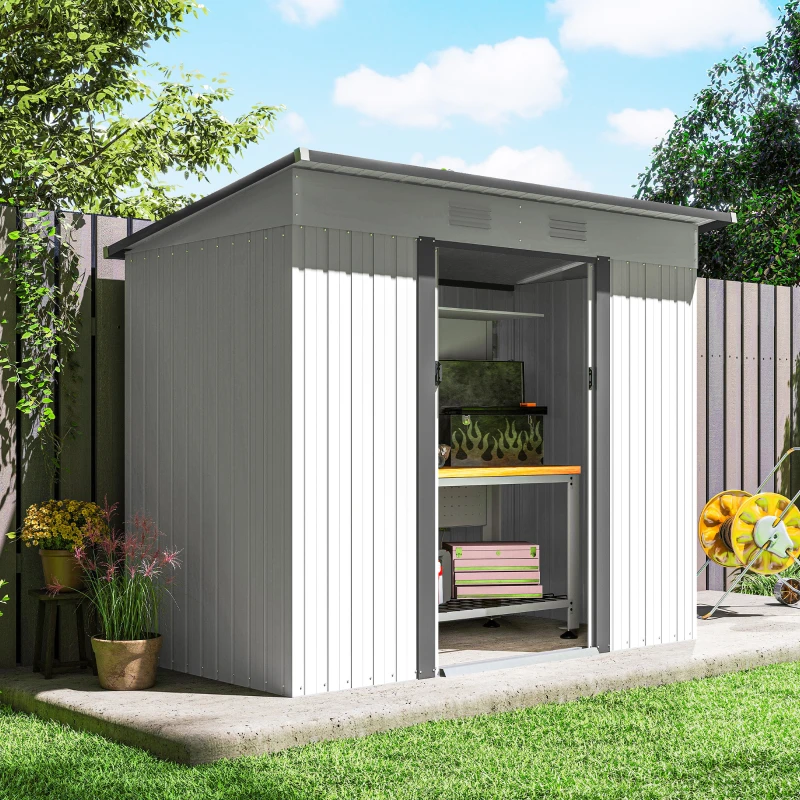 Outsunny 8' x 4' Metal Garden Shed, Backyard Tool Storage Shed with Dual Locking Doors, 2 Air Vents and Steel Frame, White