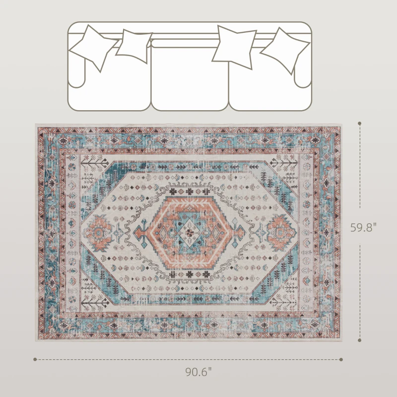HOMCOM 5x7 Area Rug, Vintage Machine Washable Rug, Non-Slip Floor Carpet for Living Room, Bedroom, Dining Room, Brown and Blue