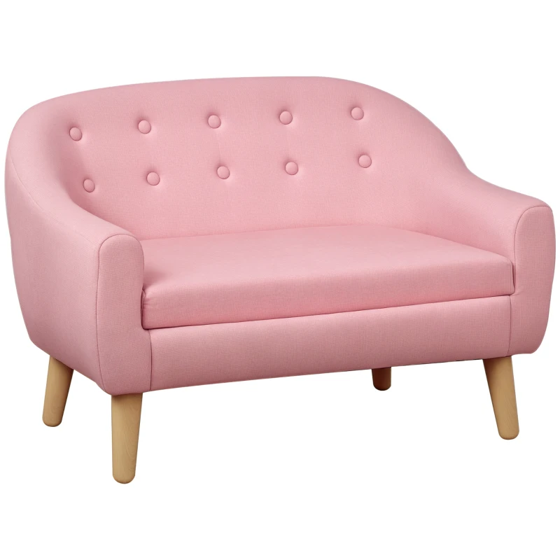 Qaba 2-Seat Kids Sofa, Toddler Sofa Couch, Linen-Like Fabric & Wood Frame Sofa Chair for Ages 3-7, 11" High Seat, Pink