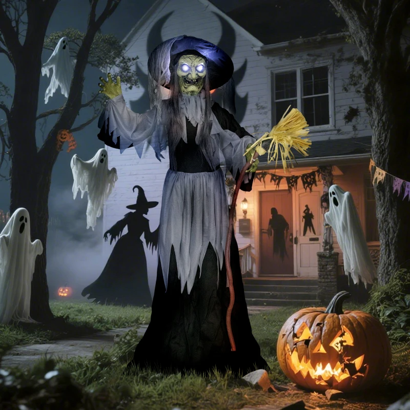 Outsunny Animatronics Standing Witch, Voice-Activated Prop, Spinning Head & Flashing Eyes, Easy Setup Indoor, Black