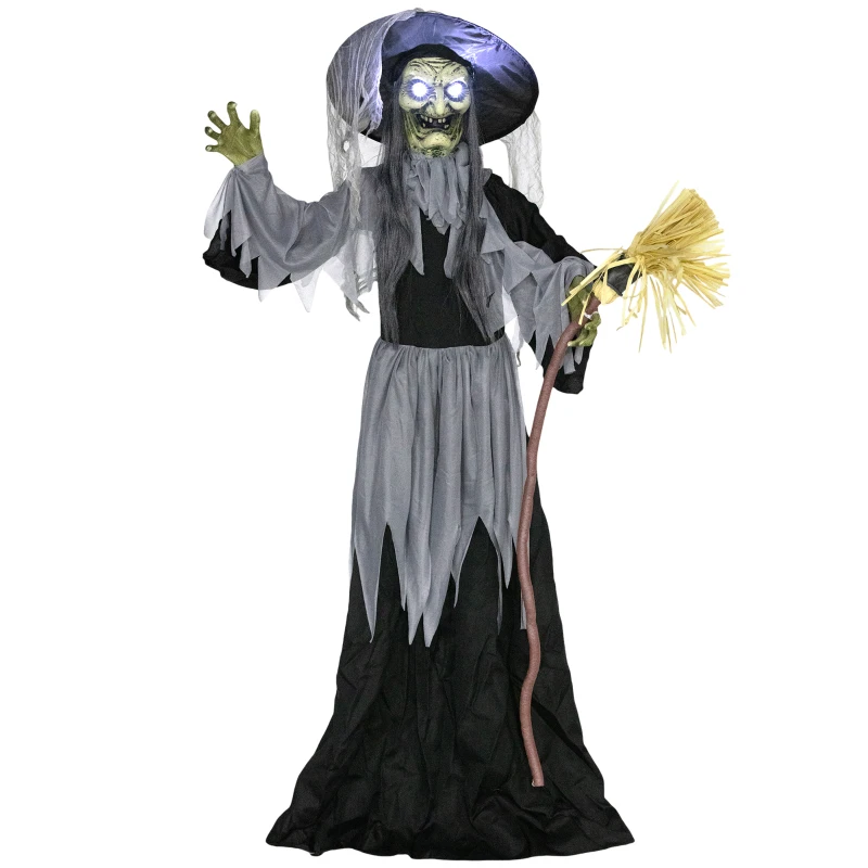 Outsunny Animatronics Standing Witch, Voice-Activated Prop, Spinning Head & Flashing Eyes, Easy Setup Indoor, Black