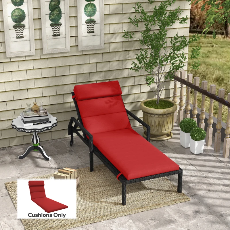 Outsunny Patio Chaise Lounge Chair Cushion Replacement Sun Lounger Pads with Headrest and Ties, Wine Red