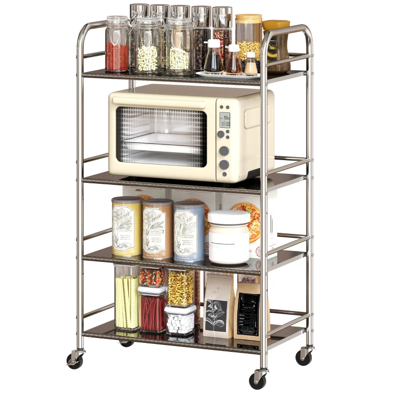 HOMCOM 4 Tier Stainless Steel Rolling Cart with Adjustable Shelves, Utility Cart on Wheels with Handles for Kitchen, Silver