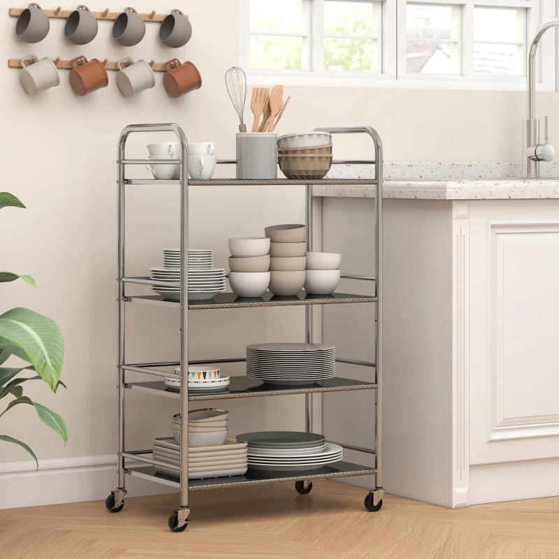 HOMCOM 4 Tier Stainless Steel Rolling Cart with Adjustable Shelves, Utility Cart on Wheels with Handles for Kitchen, Silver
