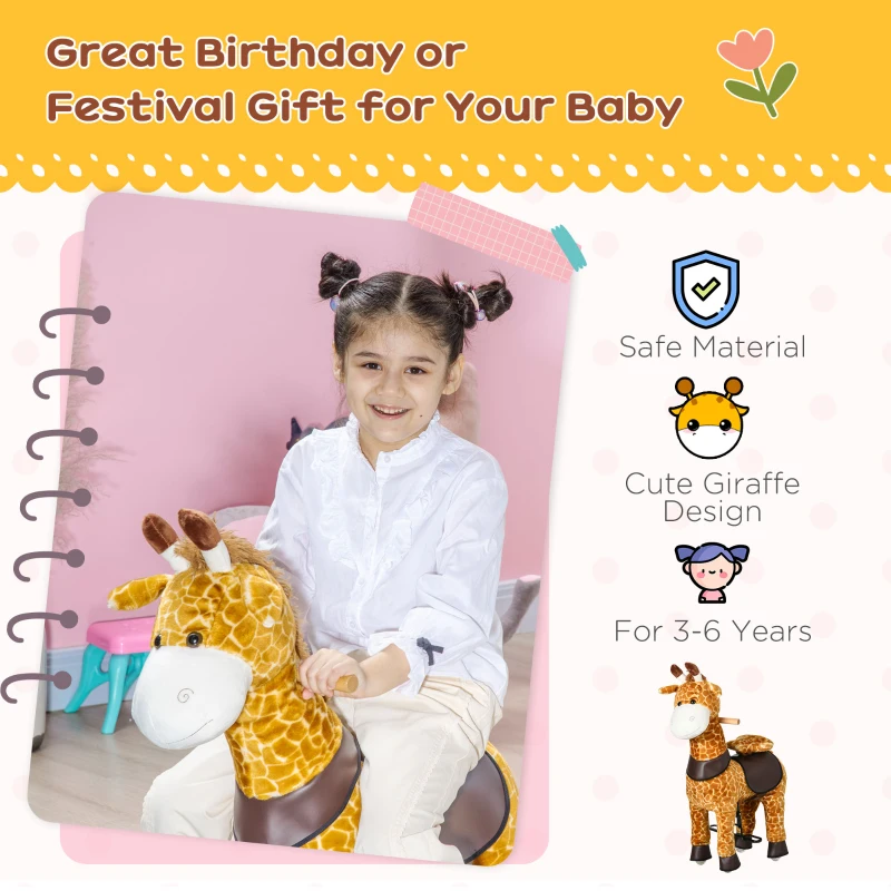 Qaba Baby Stuffed Giraffe Rocking Horse Toy for Girls and Boys, Zoo Animal Plush Ride-on Toy with Soft Feel, Interactive Toy for Kids, Giraffe Gifts for Kids
