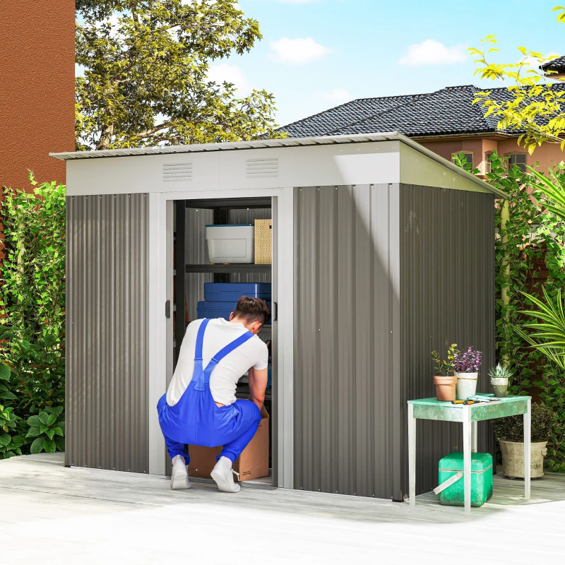 Outsunny 7' x 4' Outdoor Storage Shed, Metal Garden Tool Storage House Organizer with Lockable Sliding Doors and Vents for Backyard Patio Lawn, Light Grey