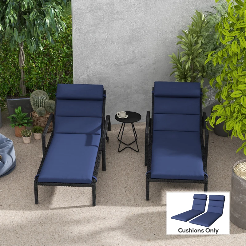 Outsunny Patio Chaise Lounge Chair Cushions Replacement Sun Lounger Pads with Headrest and Ties, Set of 2, Dark Blue