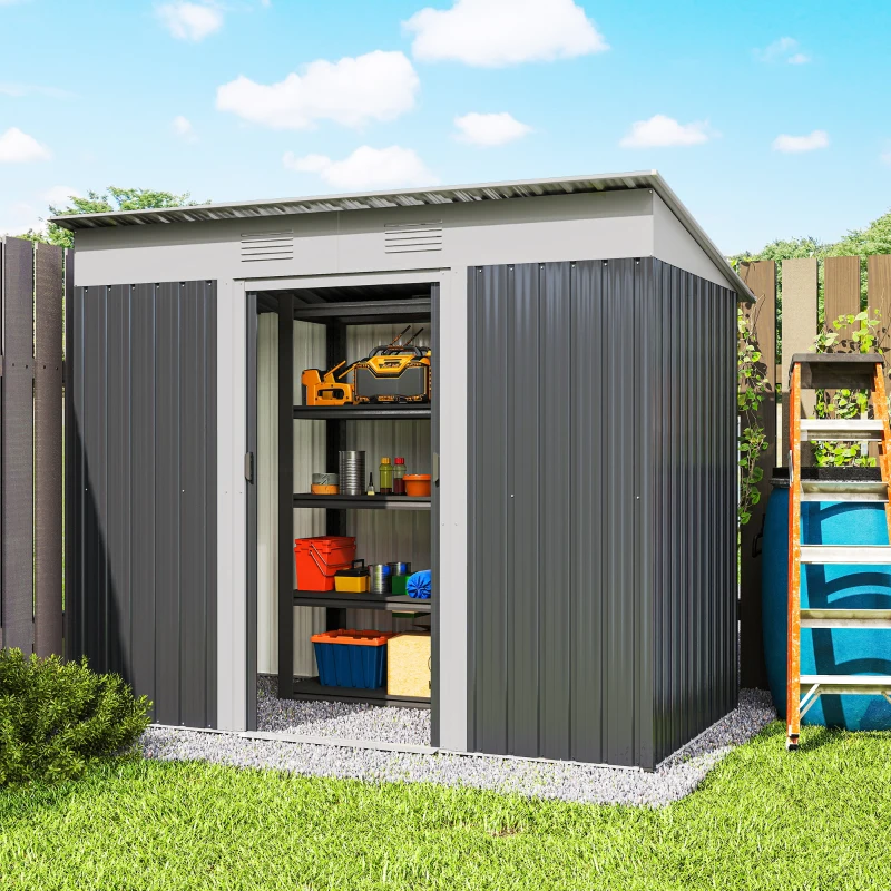 Outsunny 7' x 4' Outdoor Storage Shed, Metal Garden Tool Storage House Organizer with Lockable Sliding Doors and Vents for Backyard Patio Lawn, Charcoal Grey