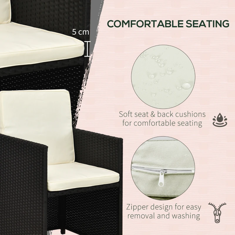 Outsunny 9 Pieces Outdoor Dining Set for 8, Space Saving Wicker Chairs and Square Glass Table with Cushions and Ottomans, Rattan Conversation Patio Furniture Set for Garden, Black/Cream White