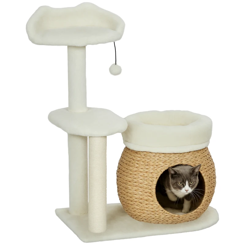 PawHut 31" Cat Tree Tower with Scratching Posts, Cat Condo, Beds, Platform and Toy Ball for Indoor Cats, Cream White