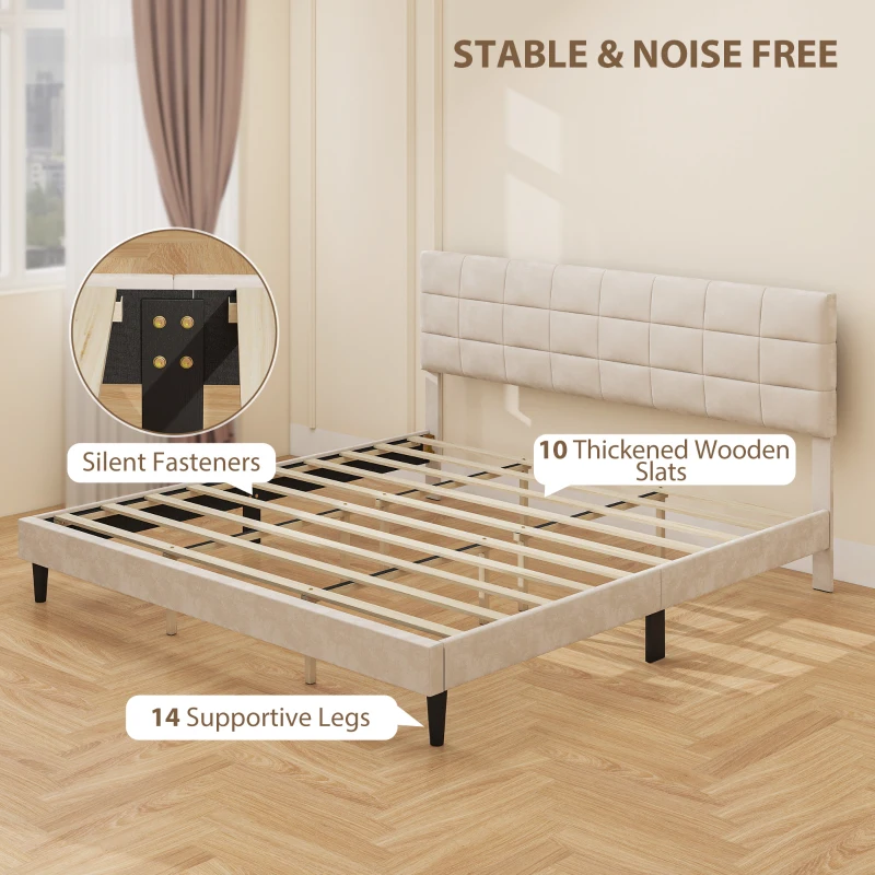 HOMCOM King Size Bed Frame with Upholstered Headboard, Modern Platform Bed Frame with Wood Slats, 1100 lbs Capacity, Cream