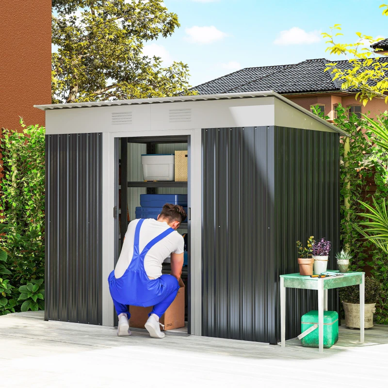 Outsunny 7' x 4' Outdoor Storage Shed, Metal Garden Tool Storage House Organizer with Lockable Sliding Doors and Vents for Backyard Patio Lawn, Charcoal Grey