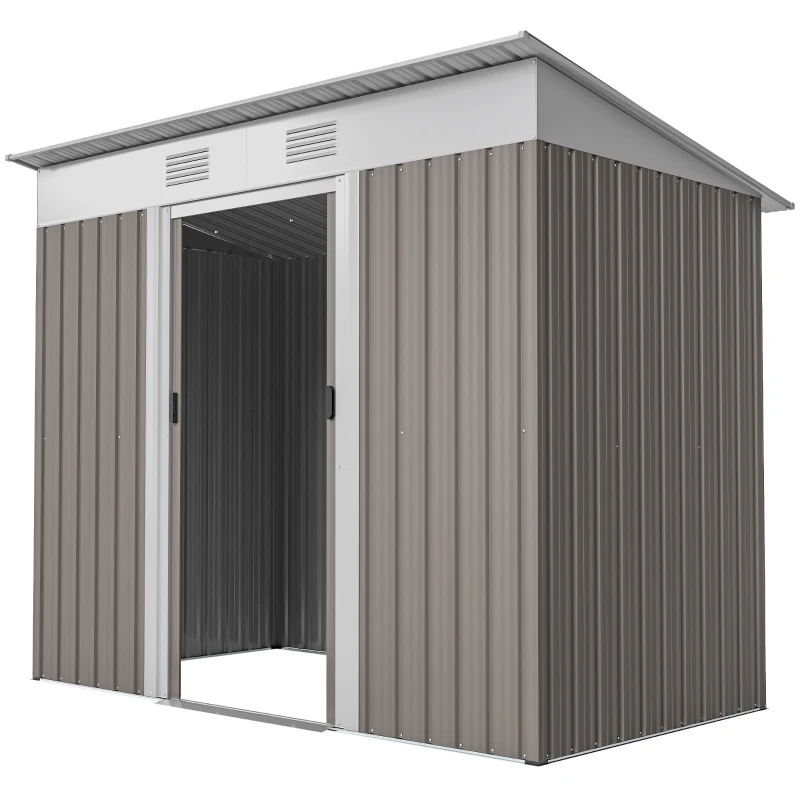 Outsunny 7' x 4' Outdoor Storage Shed, Metal Garden Tool Storage House Organizer with Lockable Sliding Doors and Vents for Backyard Patio Lawn, Light Grey