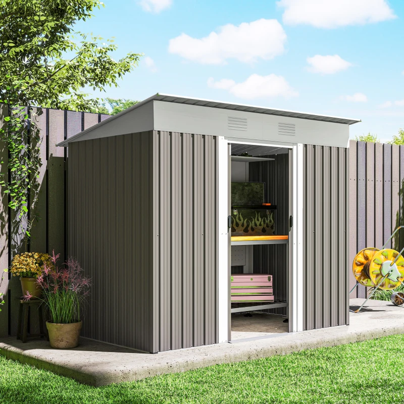 Outsunny 7' x 4' Outdoor Storage Shed, Metal Garden Tool Storage House Organizer with Lockable Sliding Doors and Vents for Backyard Patio Lawn, Light Grey