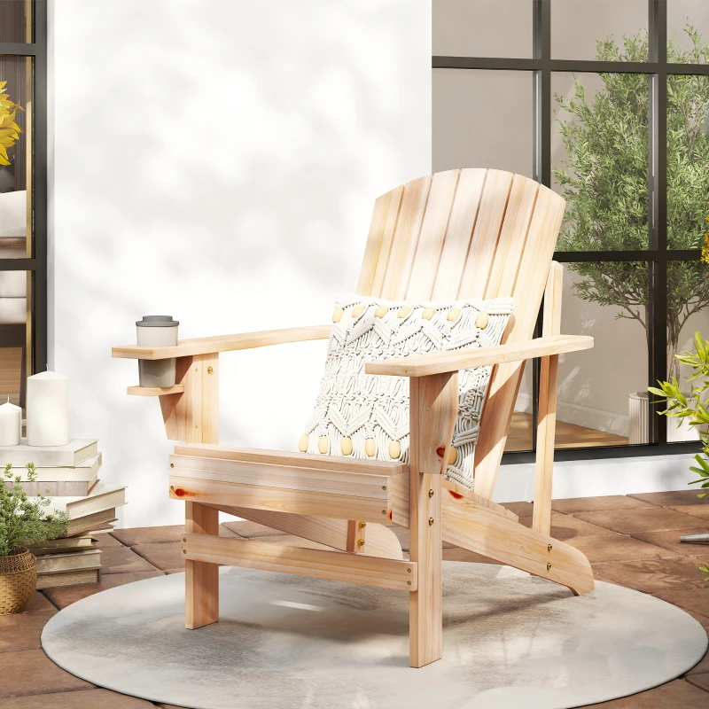 Outsunny Classic Adirondack Chair Muskoka Chair, Garden Deck Chair with Cup Holder for Patio, Indoor, Backyard, Natural