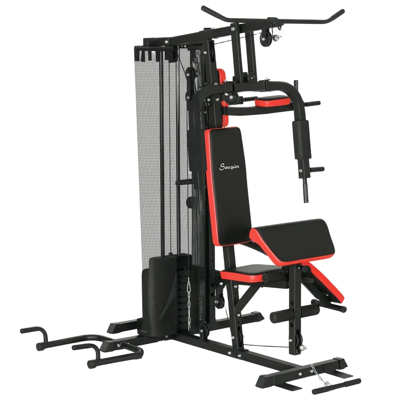 Soozier Multi Home Gym Equipment, Workout Station with Sit up Bench, Push up Stand, Dip Station, 143lbs Weights