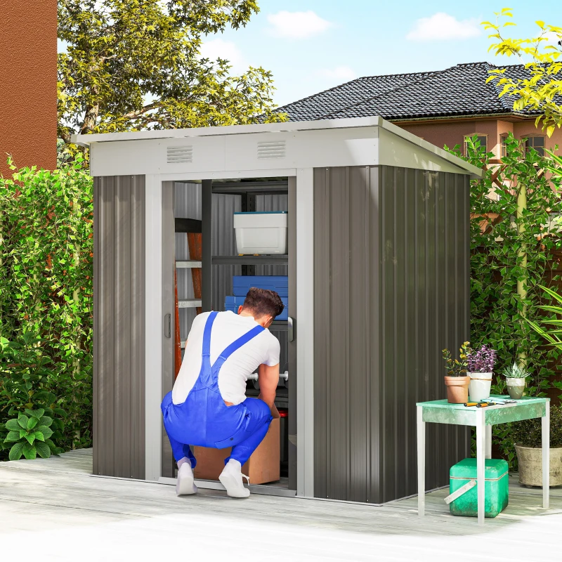 Outsunny 6' x 4' Outdoor Storage Shed, Metal Garden Tool Storage House Organizer with Lockable Sliding Doors and Vents for Backyard Patio Lawn, Light Grey